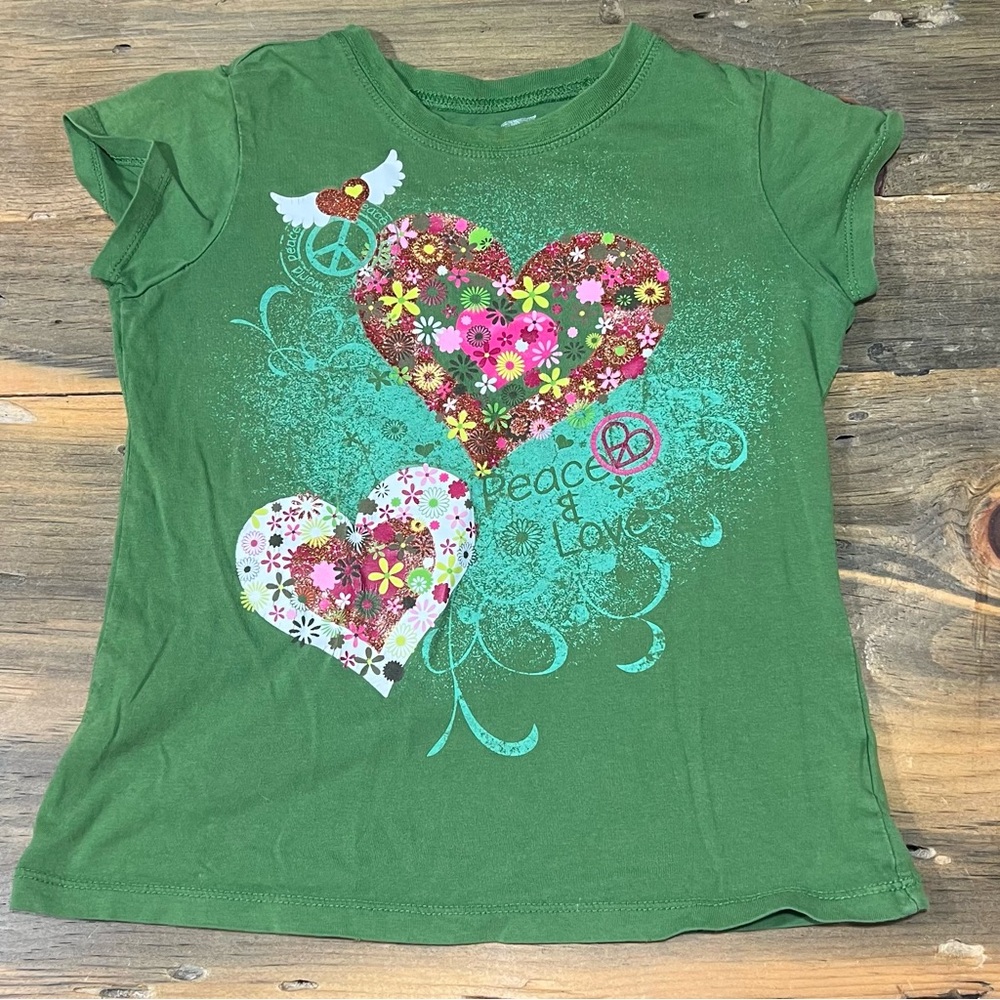 Place Green and Pink Short Sleeve Tee with Floral Design